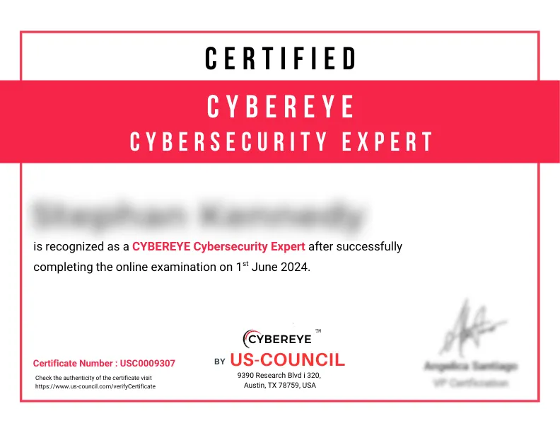 sample certificate for cybereye by us-council cybersecurity expert